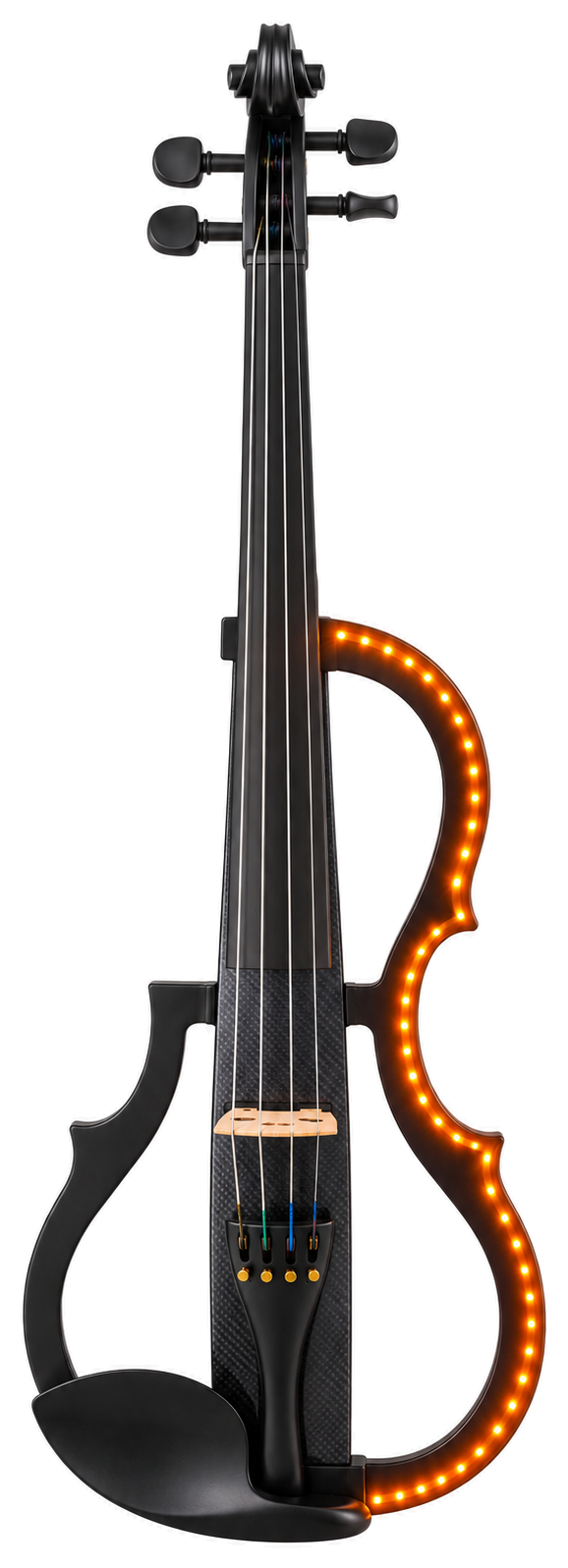 Black electric violin with orange LEDs along its right edge